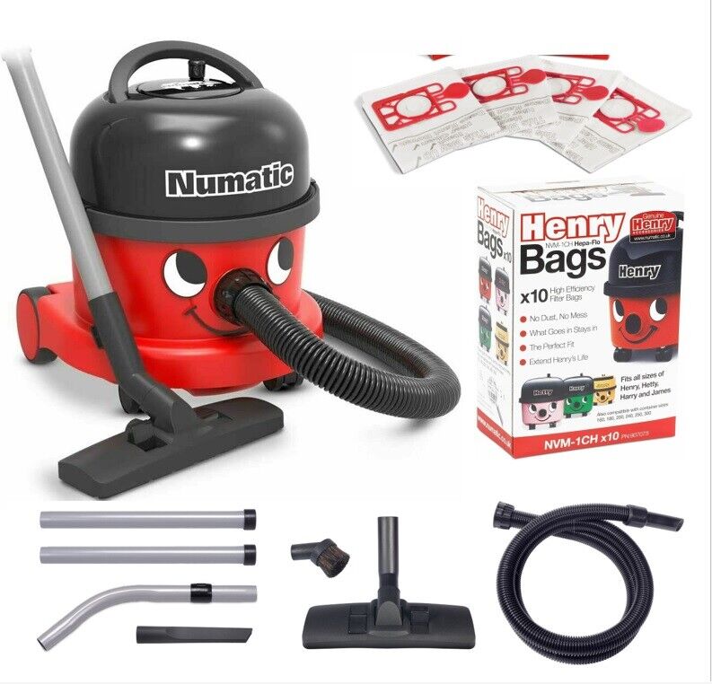 Henry Hoover vacuum cleaner and replacement parts including filters, bags, and hoses